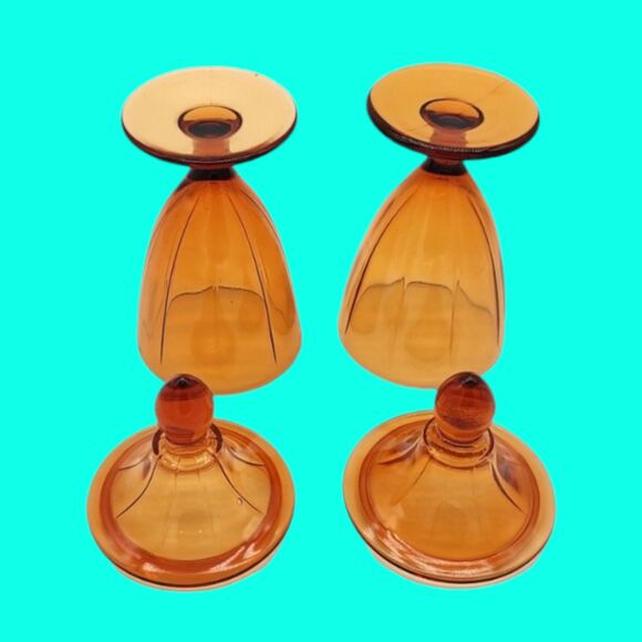 Vintage Mid Century Cambridge Amber Glass Compote Candy Dishes Pair - 8.5" Tall - Picture 6 of 14